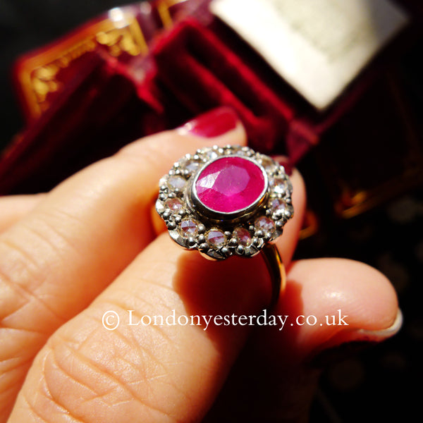 VICTORIAN 18CT GOLD MARKED NATURAL RUBY ROSE CUT DIAMOND RING
