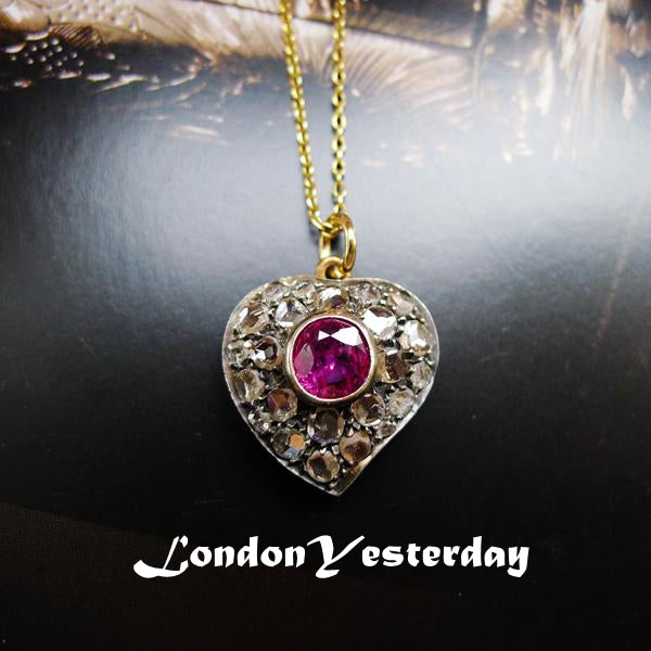 VICTORIAN GOLD ON SILVER NATURAL RUBY UNHEATED ROSE CUT DIAMOND HEART PENDANT