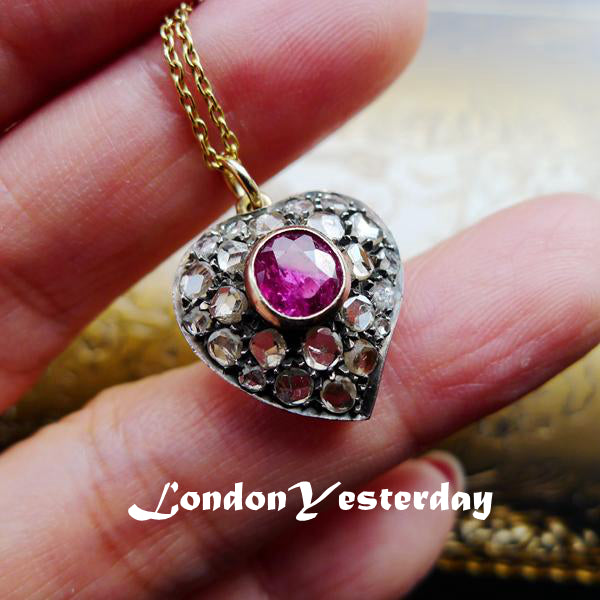 VICTORIAN GOLD ON SILVER NATURAL RUBY UNHEATED ROSE CUT DIAMOND HEART PENDANT