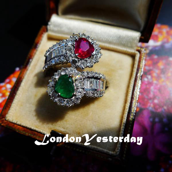18CT WHITE GOLD NATURAL RUBY EMERALD DIAMOND DOUBLE HEART CROSSOVER RING