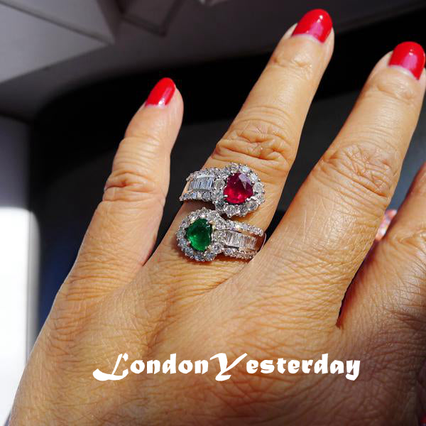 18CT WHITE GOLD NATURAL RUBY EMERALD DIAMOND DOUBLE HEART CROSSOVER RING