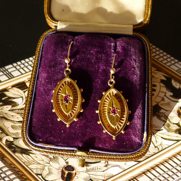 VICTORIAN 15CT GOLD NATURAL RUBY ETRUSCAN REVIVAL EARRINGS