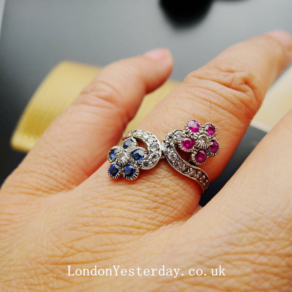 EDWARDIAN 15CT GOLD MARKED NATURAL RUBY SAPPHIRE DIAMOND FLOWER RING