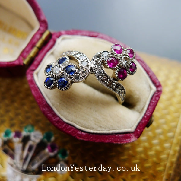 EDWARDIAN 15CT GOLD MARKED NATURAL RUBY SAPPHIRE DIAMOND FLOWER RING