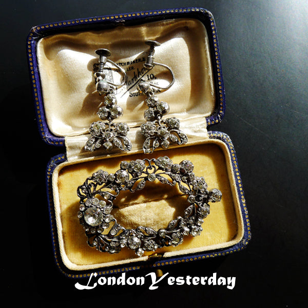 VICTORIAN SILVER PASTE FLORAL BUTTERFLY BROOCH AND EARRINGS SET