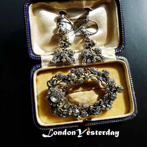 VICTORIAN SILVER PASTE FLORAL BUTTERFLY BROOCH AND EARRINGS SET