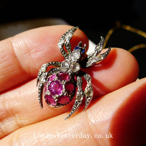 VICTORIAN 18CT GOLD NATURAL RUBY DIAMOND SPIDER PENDANT WITH 18CT GOLD CHAIN
