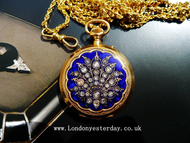 VICTORIAN FRENCH 18CT GOLD ROSE CUT DIAMOND DOUBLE SIDED ENAMEL POCKET WATCH