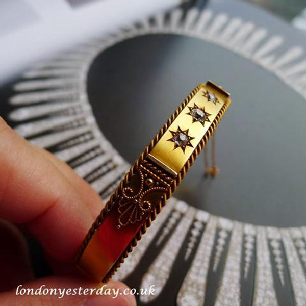 VICTORIAN 15CT GOLD MARKED BEAUTIFUL OLD MINE CUT DIAMOND ANTIQUE BANGLE