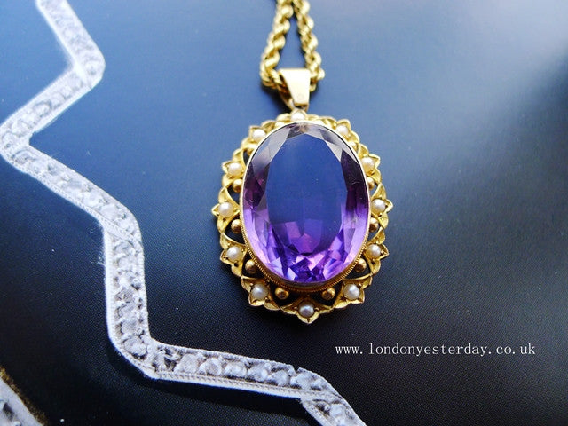 VICTORIAN 18CT GOLD NATURAL AMETHYST PEARL PENDANT
