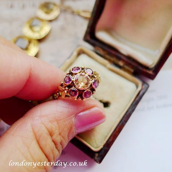 ENGLISH VICTORIAN 15CT YELLOW GOLD NATURAL CITRINE AMETHYST CLUSTER RING