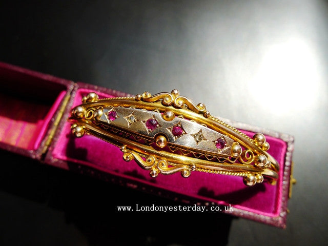 VICTORIAN 9CT GOLD MARKED NATURAL RUBY DIAMOND BANGLE