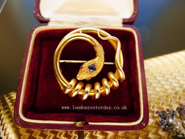 VICTORIAN 18CT GOLD NATURAL SAPPHIRE RUBY SNAKE BROOCH