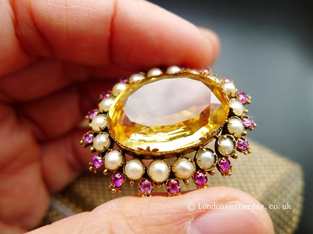VICTORIAN 18CT GOLD NATURAL CITRINE RUBY PEARL BRILLIANT BROOCH
