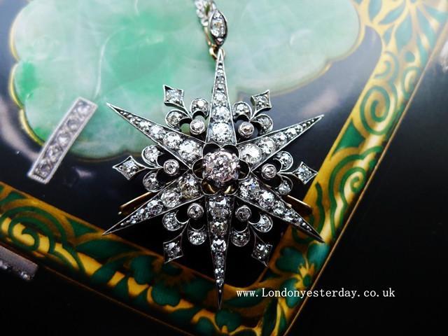 VICTORIAN 18CT GOLD AND SILVER OLD CUT DIAMOND STAR BROOCH PENDANT
