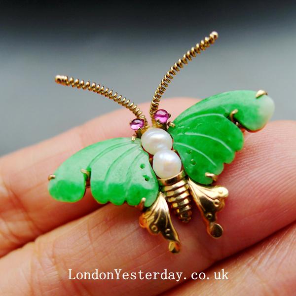 CHINESE 14CT GOLD NATURAL JADEITE JADE PEARL BUTTERFLY BROOCH