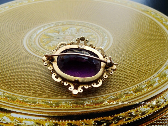 VICTORIAN 15CT GOLD NATURAL AMETHYST PEARL BROOCH