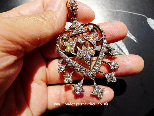 VICTORIAN 18CT GOLD ON SILVER OLD CUT DIAMOND PENDANT BROOCH