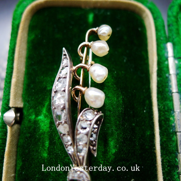VICTORIAN 18CT GOLD AND SILVER NATURAL PEARL DIAMOND LILY OF THE VALLEY BROOCH