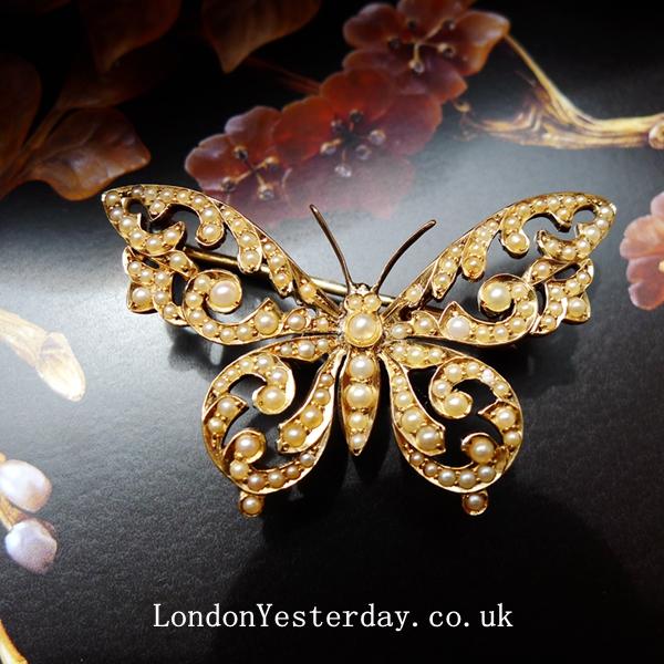 VICTORIAN 15CT GOLD NATURAL SEED PEARL BEAUTIFUL BUTTERFLY BROOCH