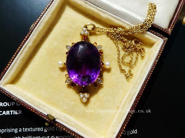 VICTORIAN 15CT GOLD NATURAL AMETHYST DIAMOND PEARL PENDANT WITH 15CT GOLD CHAIN