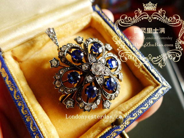 VICTORIAN 18CT GOLD AND SILVER NATURAL SAPPHIRE DIAMOND SNOWFLACE BROOCH PENDANT