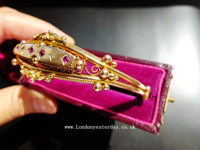 VICTORIAN 9CT GOLD MARKED NATURAL RUBY DIAMOND BANGLE