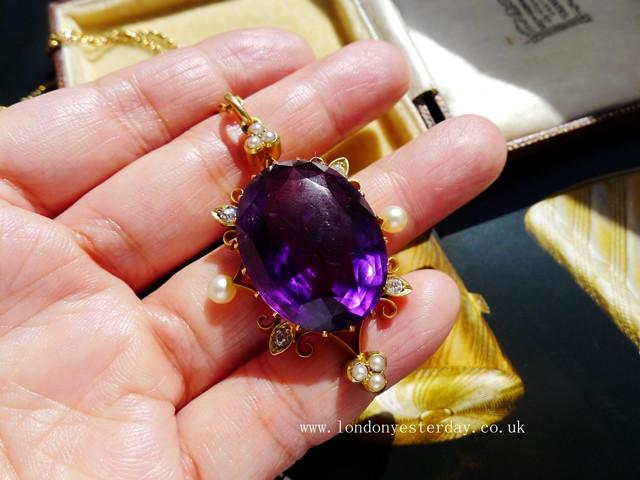 VICTORIAN 15CT GOLD NATURAL AMETHYST DIAMOND PEARL PENDANT WITH 15CT GOLD CHAIN