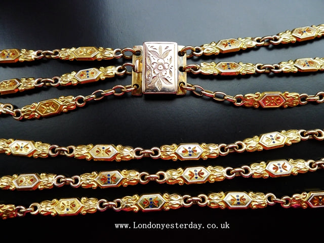 VICTORIAN 18CT GOLD SWISS ENAMEL DOUBLE SIDED BRILLIANT NECKLACE