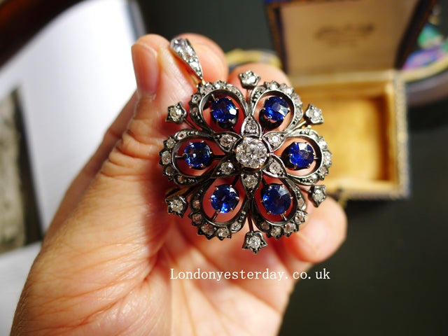 VICTORIAN 18CT GOLD AND SILVER NATURAL SAPPHIRE DIAMOND SNOWFLACE BROOCH PENDANT