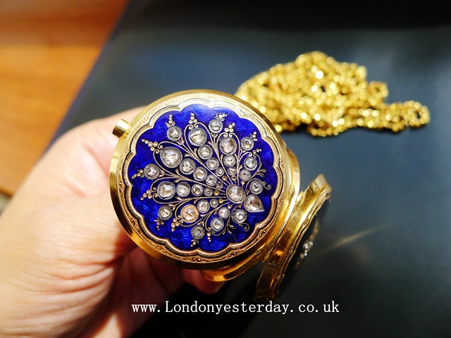 VICTORIAN FRENCH 18CT GOLD ROSE CUT DIAMOND DOUBLE SIDED ENAMEL POCKET WATCH