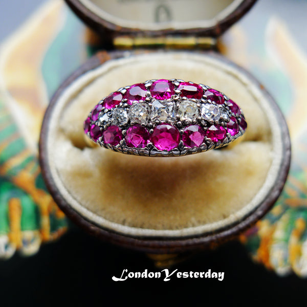 VICTORIAN 18CT GOLD AND SILVER MARKED NATURAL RUBY DIAMOND BOAT RING