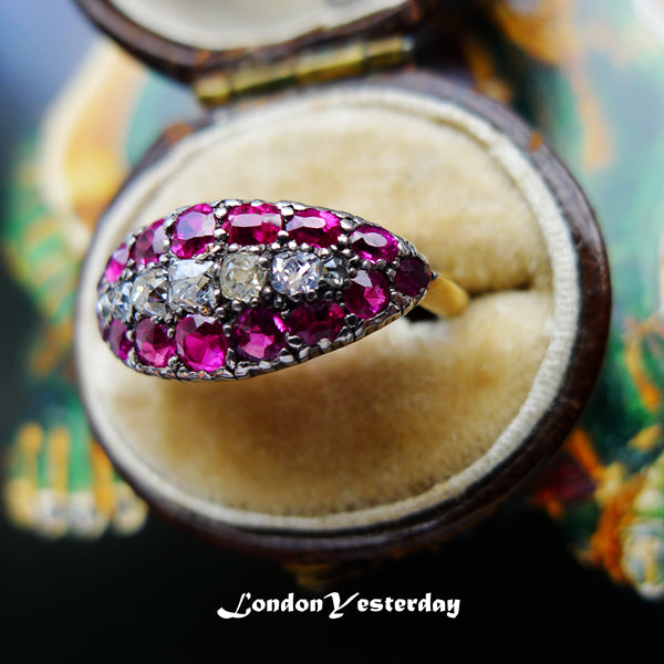 VICTORIAN 18CT GOLD AND SILVER MARKED NATURAL RUBY DIAMOND BOAT RING