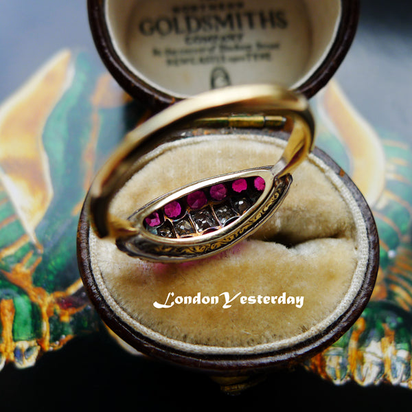 VICTORIAN 18CT GOLD AND SILVER MARKED NATURAL RUBY DIAMOND BOAT RING