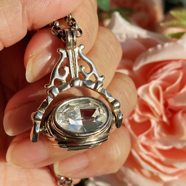 VINTAGE CRYSTAL THREE SIDES SWIVEL FOB SEAL PENDANT WITH CHAIN