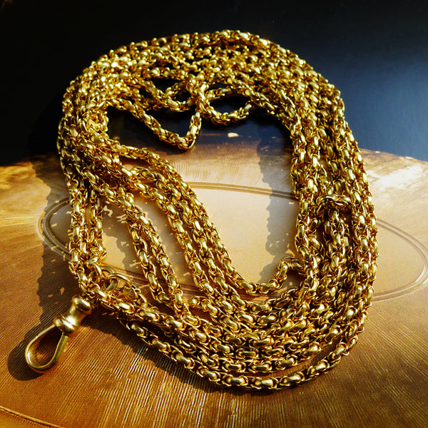 VICTORIAN 9CT GOLD MARKED BYZANTINE LONG GUARD CHAIN