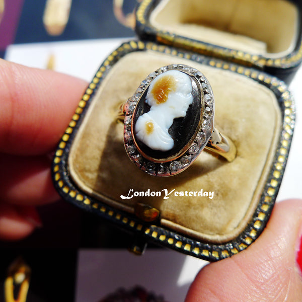 VICTORIAN 18CT GOLD AND SILVER NATURAL AGATE CAMEO DIAMOND RING