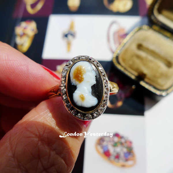 VICTORIAN 18CT GOLD AND SILVER NATURAL AGATE CAMEO DIAMOND RING