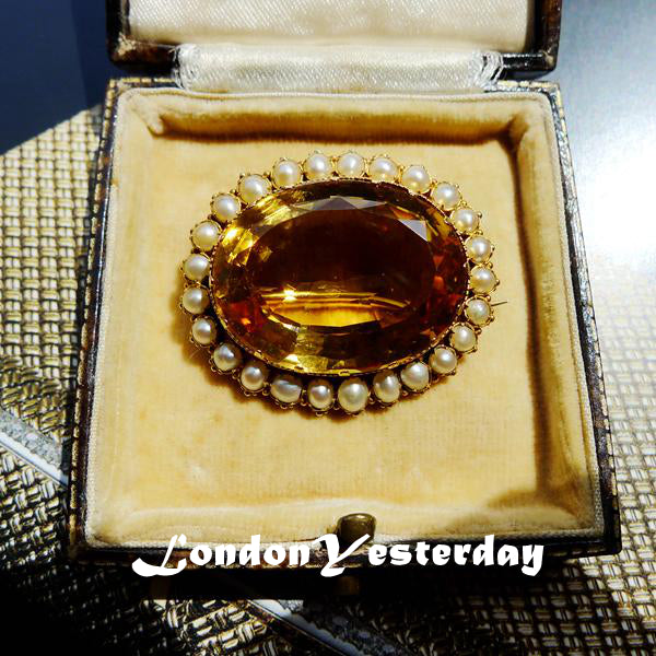VICTORIAN 18CT YELLOW GOLD NATURAL CITRINE PEARL BROOCH