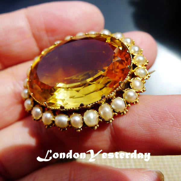 VICTORIAN 18CT YELLOW GOLD NATURAL CITRINE PEARL BROOCH