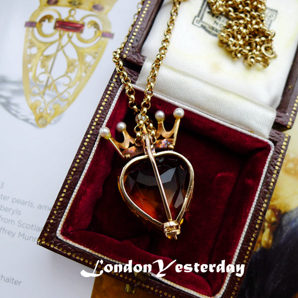 EDWARDIAN 9CT GOLD NATURAL CITRINE PEARL CROWN HEART BROOCH