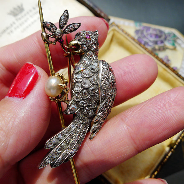 VICTORIAN 18CT GOLD ON SILVER NATURAL PEARL DIAMOND RUBY PARROT BROOCH WITH CERTIFICATE