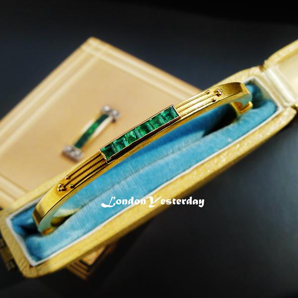 15CT YELLOW GOLD VICTORIAN C1870 NATURAL EMERALD BRACELET WITH BOX
