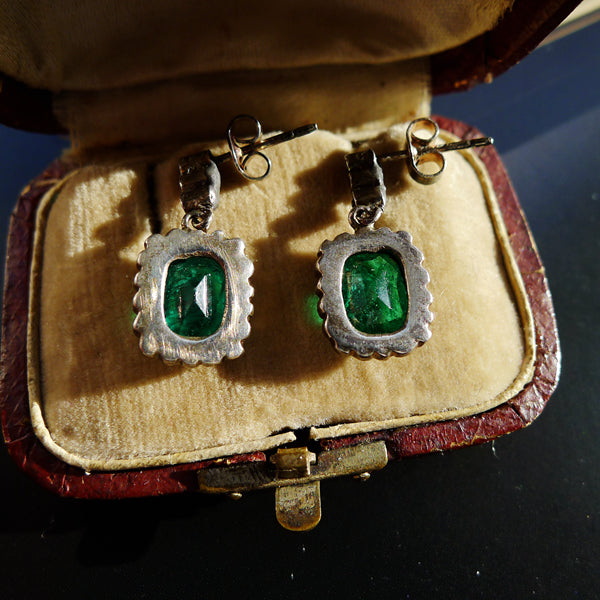 VICTORIAN STERLING SILVER EMERALD COLOUR PASTE EARRINGS