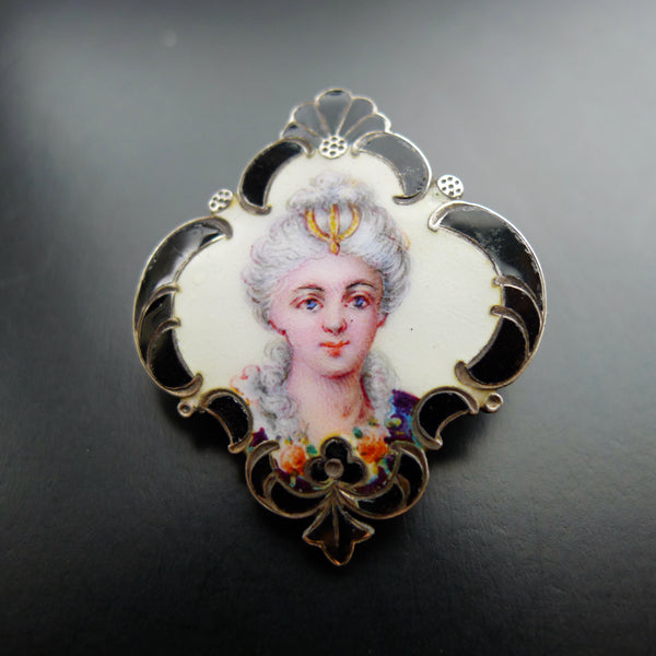 ART NOUVEAU FRENCH SILVER MARKED BEAUTIFUL ENAMEL MINIATURE PORTRAIT BROOCH