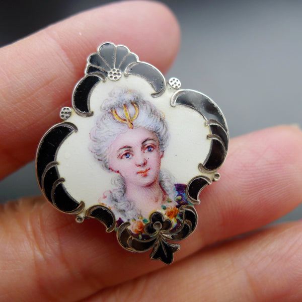 ART NOUVEAU FRENCH SILVER MARKED BEAUTIFUL ENAMEL MINIATURE PORTRAIT BROOCH