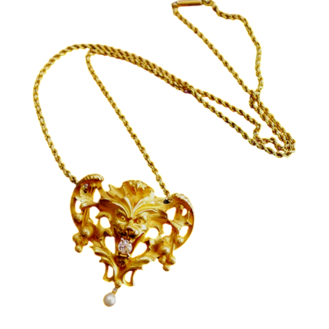 ART NOUVEAU FRENCH 18CT GOLD MARKED DIAMOND PEARL LION HEAD BROOCH PENDANT WITH 9CT GOLD CHAIN