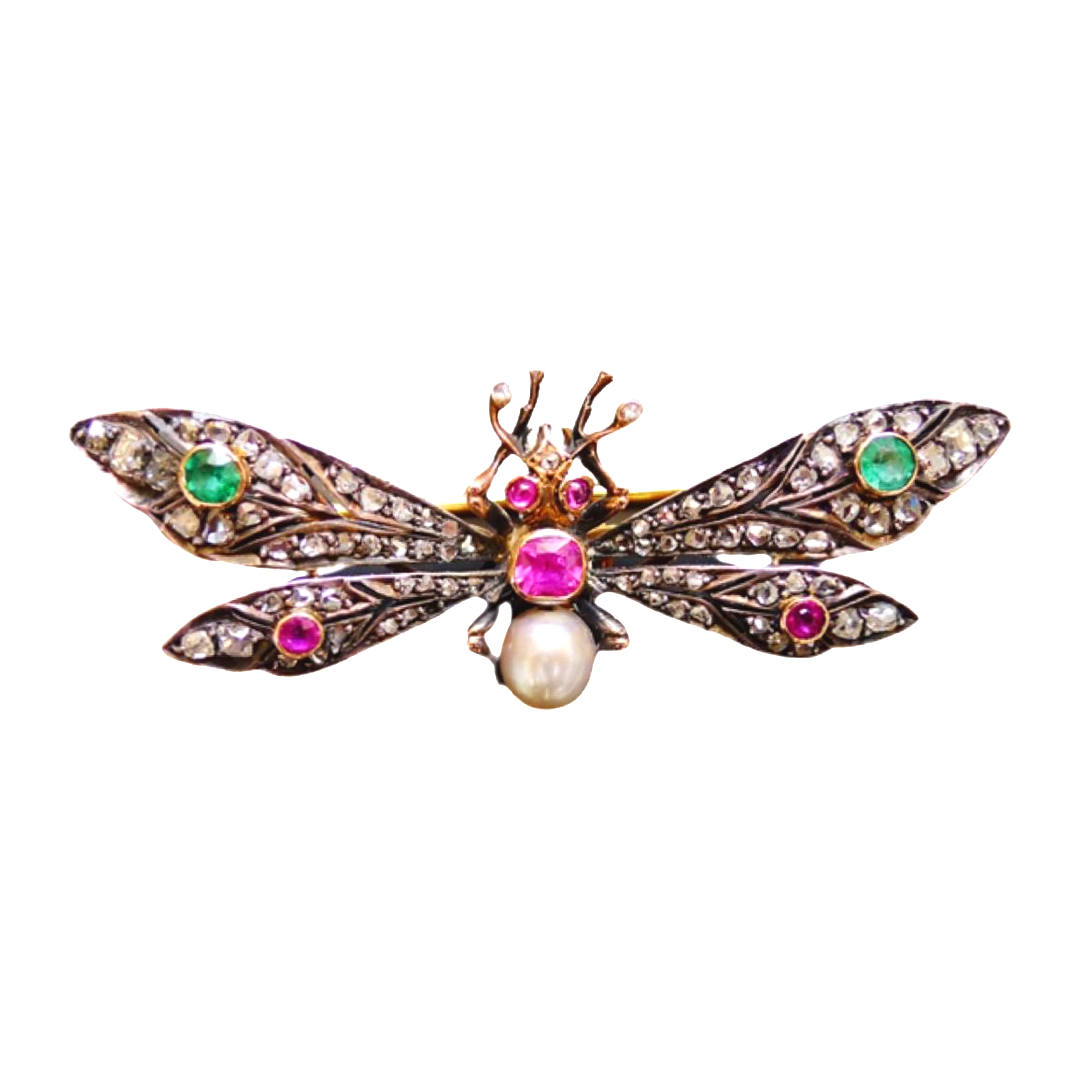 FRENCH 18CT GOLD VICTORIAN EMERALD RUBY DIAMOND PEARL BUTTERFLY BROOCH WITH CERTIFICATE