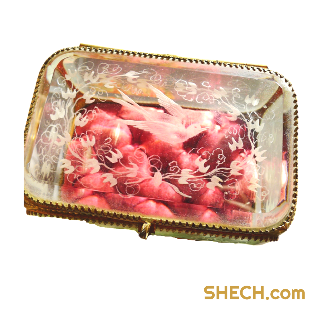 FRENCH END OF 19TH SWALLOW DESIGN ANTIQUE GLASS JEWELLERY BOX