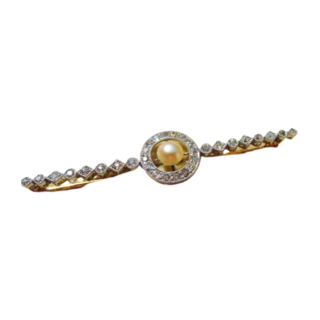 EDWARDIAN 18CT GOLD AND PALTINUM NATURAL PEARL DIAMOND BAR BROOCH WITH ANTIQUE BOX